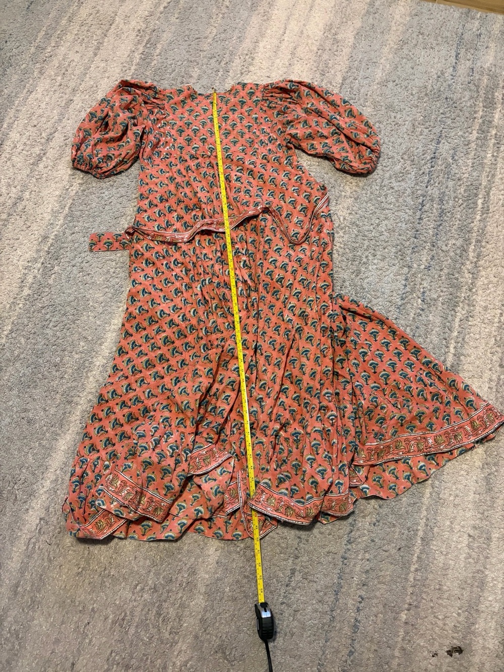 Marea by Liz Joy Cotton Block Print House Maxi Dress Boho Coral Pink Sz 2 Belted - Picture 8 of 8